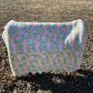 Afghan Blanket Crocheted Pastel Chevron Ripple Pattern Homemade Throw Baby 52x40